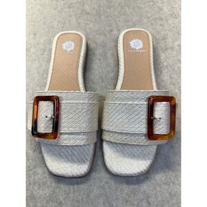 Yellow Box Kelila Sandals Women Size 8 Cream Woven Raffia Slide Tortoise Buckle